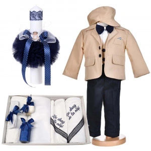 Set botez, costum botez baiat, bej clasic, 5 piese, trusou botez cu mesaj si lumanare cu ingeras, Denikos® C1164