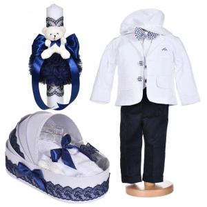 Set botez, costum botez baietei, 5 piese, trusou botez si lumanare, decor alb cu bleumarin, Denikos® C1154