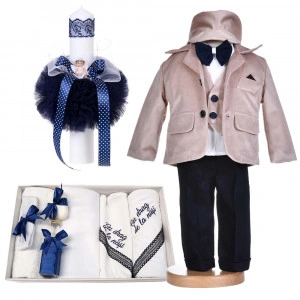 Set botez, costum botez baieti, catifea, bej, 5 piese, trusou botez cu mesaj si lumanare cu ingeras, Denikos® C1169