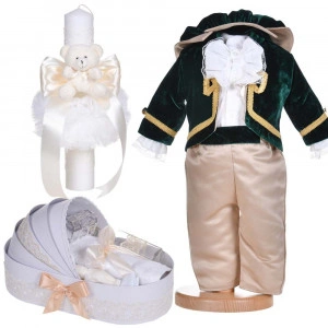 Set botez, costum botez Micul Print, 4 piese, trusou botez si lumanare, decor ivoire, Denikos® C1137