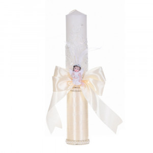 Set botez cu lumanare decor dantela, margelute si ingeras si trusou botez asortat, Crem / Ivoire, Denikos® C9314 - Img 3