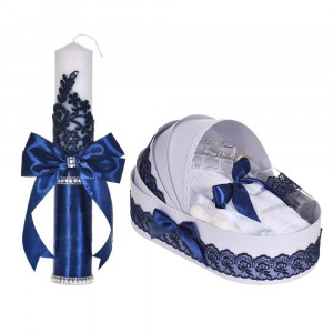 Set botez elegant, lumanare margelute si si trusou botez in landou, decor dantela bleumarin ingusta, Denikos® C9303