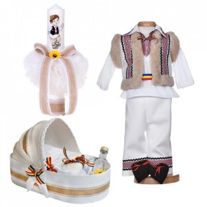 Set botez traditional baiat, trusou botez landou, lumanare si costum national, Denikos® 1047