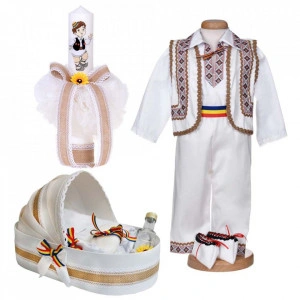 Set botez traditional baietel, trusou botez landou, lumanare si costum popular, Denikos® 1042