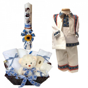 Set botez traditional baietel, trusou botez, lumanare si costum traditional baiat, Denikos® 739