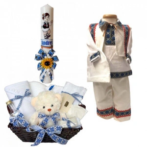 Set botez traditional baietel, trusou botez, lumanare si costum traditional baiat, Denikos® 739