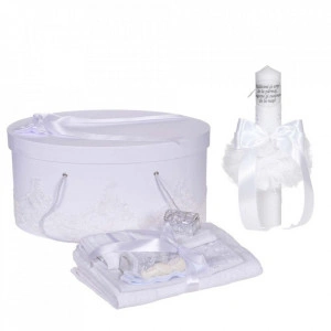 Set botez trusou, lumanare cu mesaj si cutie trusou decor dantela lata Alba, Denikos® C1122