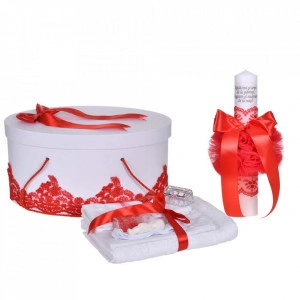 Set botez trusou, lumanare cu mesaj si cutie trusou decor dantela lata Rosie, Denikos® C1129