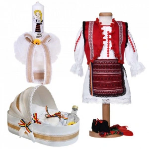 Set costum national fetita, trusou botez landou si lumanare, decor traditional, Denikos® 1053