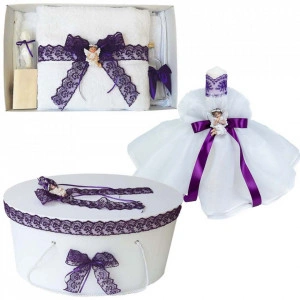 Set dantela trusou botez, cutie trusou si lumanare, Ingeras, decor Mov, Denikos® 570