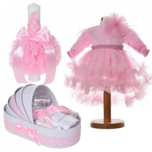 Set elegant rochita botez, trusou landou botez si lumanare, decor dantela roz, Denikos® C9190