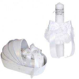 Set lumanare botez cu mesaj si trusou botez in landou, decor dantela Alba lata, Denikos® C1059