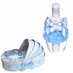 Set lumanare botez cu mesaj si ursulet si trusou botez in landou, decor dantela bleu lata, Denikos® C1079