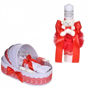 Set lumanare botez cu mesaj si ursulet si trusou botez in landou, decor dantela rosie ingusta, Denikos® C1089