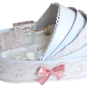 Set lumanare botez personalizata cu mesaj, trusou complet in landou decorat cu dantela pentru botez si set baita cu nasii dupa botez pentru fetita, culoare roz prafuit, Denikos NK149 - Img 2