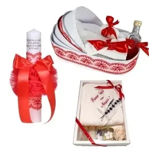 Set prima baita dupa botez, trusou complet in landou decorat cu dantela pentru botez si lumanare personalizata cu mesaj, culoare rosu, Denikos NK147