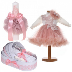 Set rochita botez 2 piese, trusou botez si lumanare, decor alb - roz pudra, Denikos® C9192