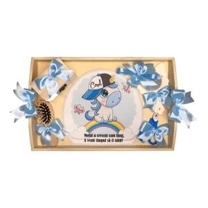 Set tava mot tema Unicorn, baietel 1 an, fundite bleu, Denikos® TV054