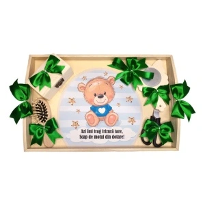 Set tava mot tema Ursulet, baietel 1 an, funda verde, Denikos® TV074