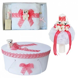 Set trusou botez, cutie trusou si lumanare, dantela si Ursuleti, decor corai, Denikos® 555