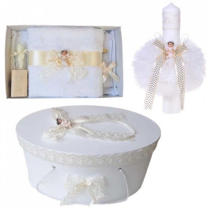Set trusou botez, cutie trusou si lumanare, Ingeras, dantela ivoire, Denikos® 471