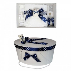 Set trusou botez si cutie trusou, Ursulet, fundita bleumarin cu buline, Denikos® 25