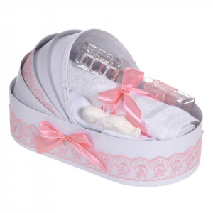 Trusou botez complet, in landou, decor dantela roz pudra, Denikos® 830