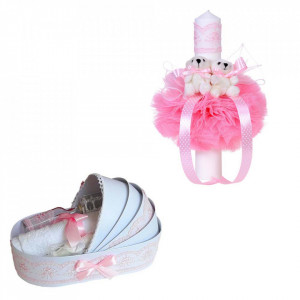 Trusou botez in landou si lumanare glob cu ursuleti, decor roz Denikos® 158