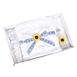 Trusou botez simplu, traditional floarea soarelui, decorat cu motive populare, albastru national, Denikos® TR003