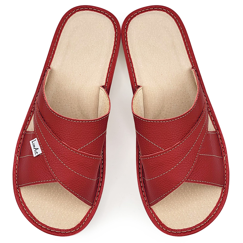 Papuci de Casa din Piele cu Talpa Groasa Culoare Rosu, Model 'Luxury ...