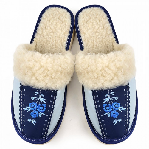 Papuci de Casa Dama Imblaniti cu Lana de Oaie Model 'Root Traditions' Blue