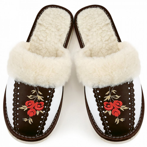 Papuci de Casa Dama Imblaniti cu Lana de Oaie Model &#039;Root Traditions&#039; Dark Brown