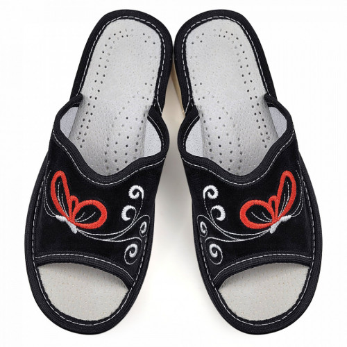 Papuci de Casa Dama Material Piele Intoarsa Culoare Negru Model 'Dream Butterflies'