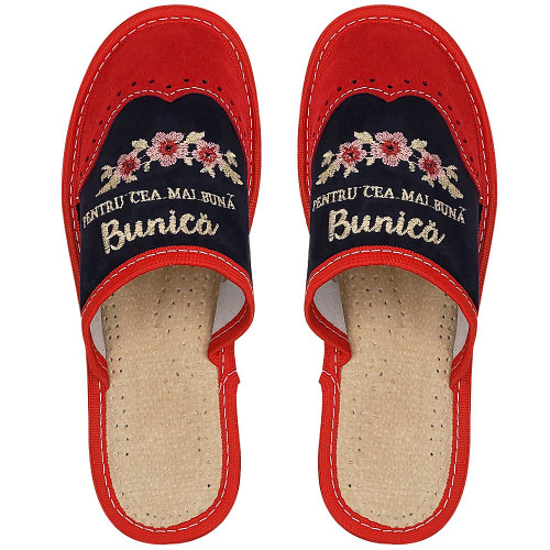 Papuci de Casa Dama Material Piele Model &#039;Pentru Cea Mai Buna Bunica&#039; Red/Black