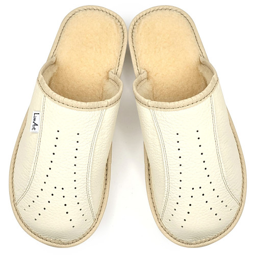 Papuci de Casa din Piele cu Talpa Groasa Îmblăniți cu Lână , Model &#039;Luxury Woman&#039; Cream