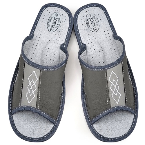 Papuci de Casa din Piele Culoare Gri Model 'Geometric Aproch' | Confort și Stil