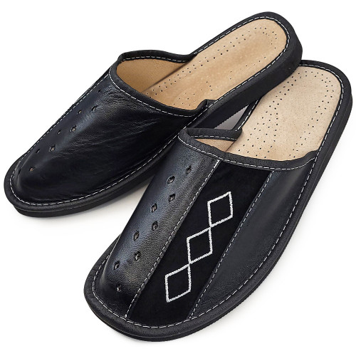 Papuci de Casa din Piele Culoare Negru Model &#039;Geometric Aproch&#039;&#039;