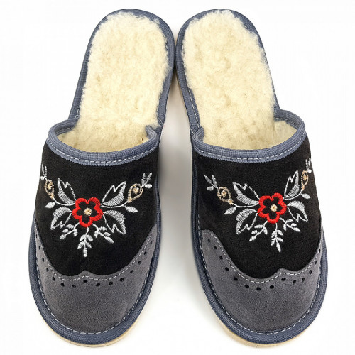 Papuci de Casa din Piele Imblaniti cu Lana Model &#039;London Brogue Inspire&#039; Dark