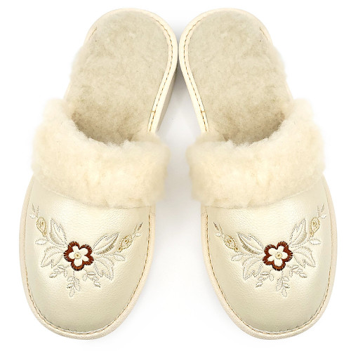 Papuci de Casa Îmblăniți cu Lână de Oaie Model &#039;Pearls&#039; Cream