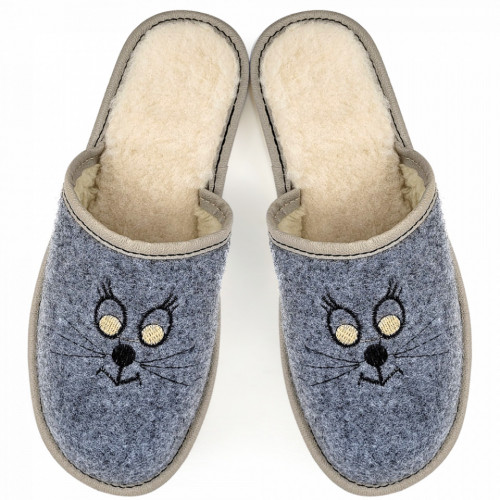 Papuci de Casa Universali din Postav Imblaniti cu Lana Model &#039;Winter Sweet Cat&#039; Culoare Gri