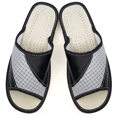 Papuci de Casa Vara din Piele Culoare negru/Gri Model &#039;Engineering&#039;