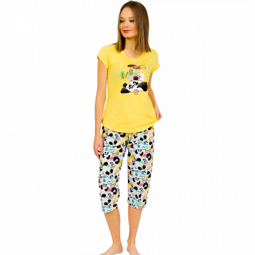 Pijamale Dama Vienetta din Bumbac cu Pantalon 3/4 Model &#039;Panda&#039;s Dream&#039; Yellow