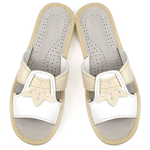 Papuci de Casa Dama Material Piele Culoare Alb/Crem Model &#039;Mystic Queen&#039;