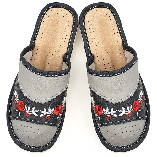 Papuci de Casa Dama Material Piele Culoare Gri, Model &#039;Harmony&#039;