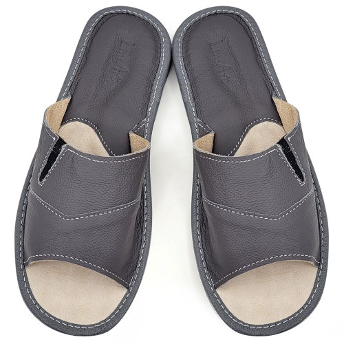 Papuci de Casa din Piele cu Talpa Groasa Culoare Gri Model Classic