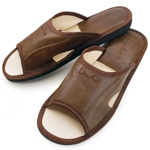 Papuci de Casa din Piele cu Talpa Groasa Culoare Maro, Model &#039;Luxury Man&#039; Brown Mocha