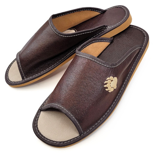 Papuci de Casa din Piele Culoare Maro Model &#039;Pure Wildness