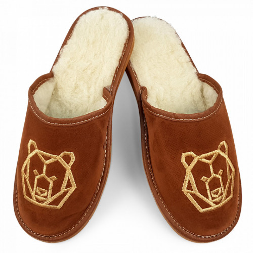 Papuci de Casa din Piele Imblaniti cu Lana de Oaie Culoare Maro Model &#039;Ursul Brun&#039;