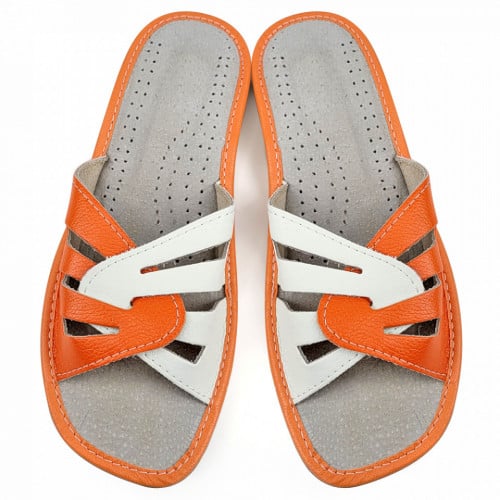 Papuci de Casa Vara din Piele Culoare Alb/Negru Model &#039;Sunny Summer&#039; Orange