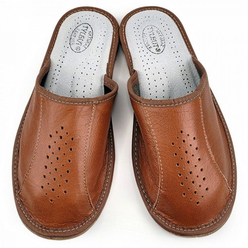 Papuci de Casa Vara din Piele Culoare Maro Model &#039;Prestance&#039;